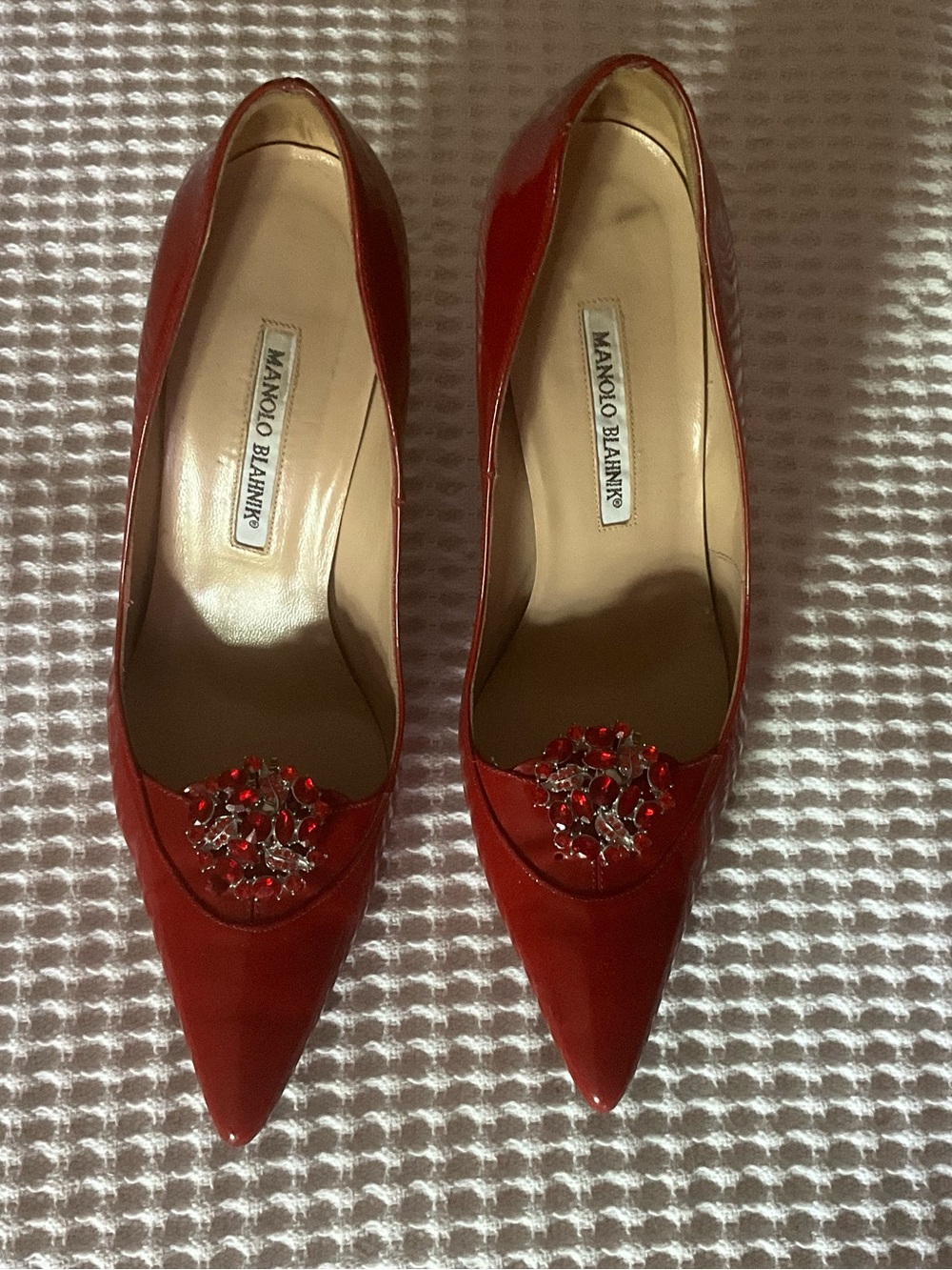 Manolo Blahnik Red Patent Pointed-Toe Jeweled Pumps